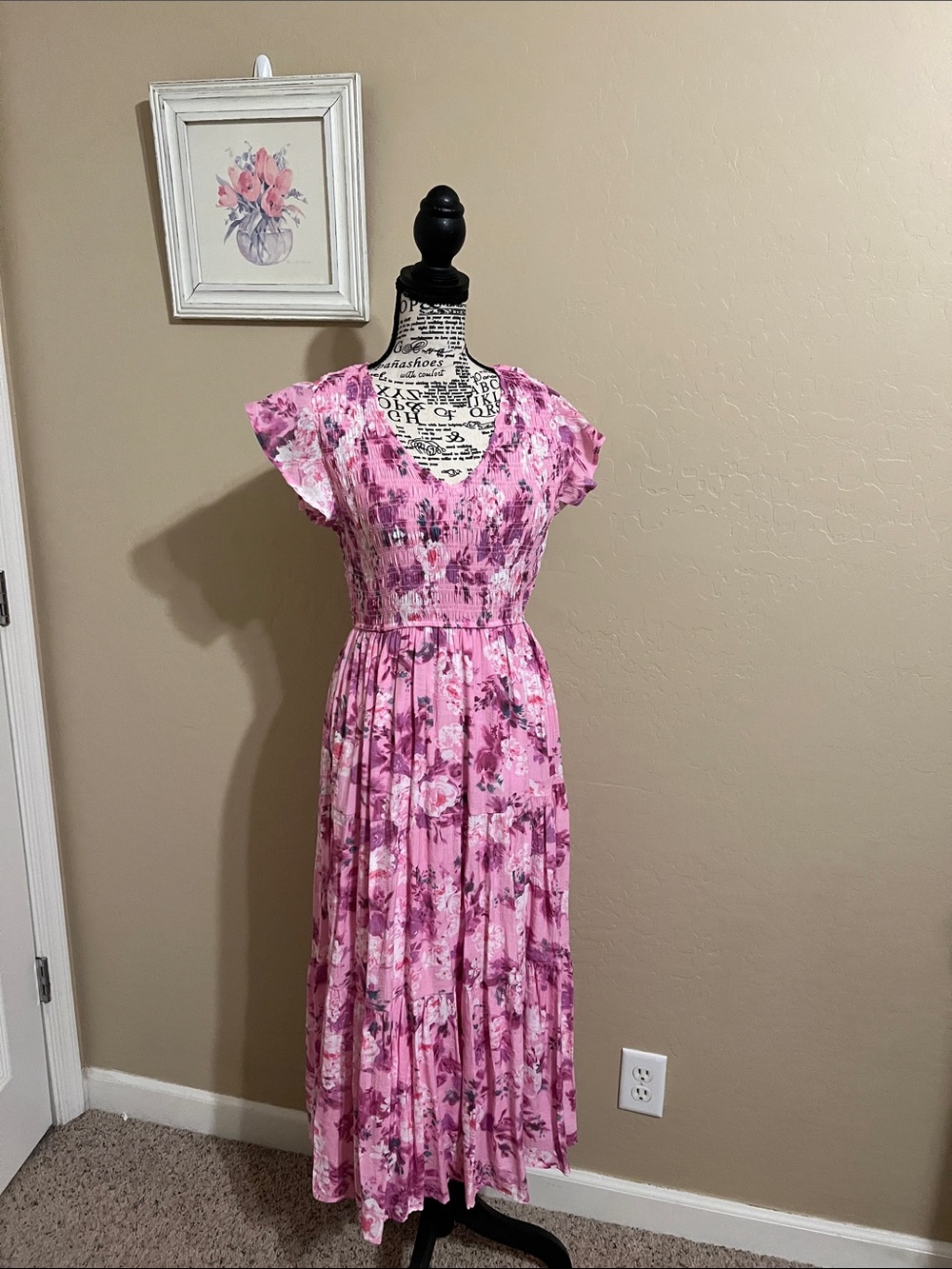 Floral Pink Maxi Dress with Flutter Sleeves